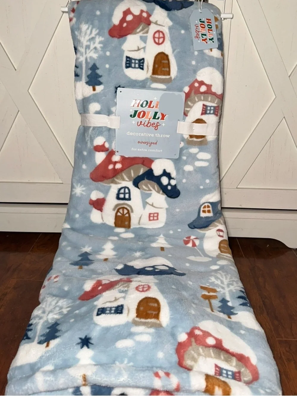 Holly Jolly Vibes Christmas Mushroom House Plush Throw Blanket